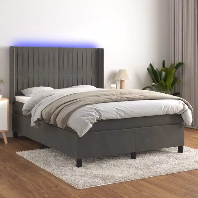 Letto matrimoniale con materasso ibrido vidaXL in tessuto grigio con illuminazione LED e porta USB L/P/H: 140 x 200 x 147 cm – 1