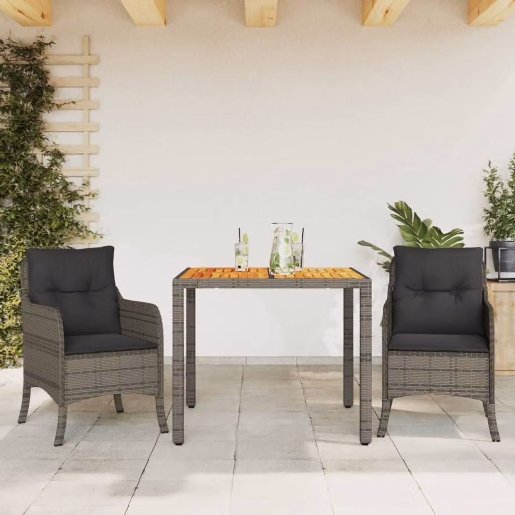 Set da pranzo da giardino vidaXL in polyrattan e legno di acacia grigio con 3 pezzi e cuscini