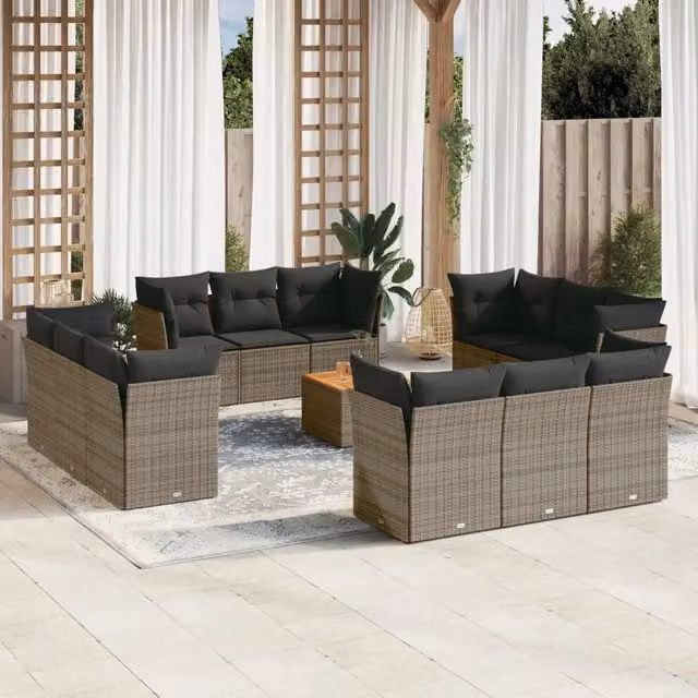 Set di Divani da Giardino vidaXL in Polyrattan Grigio con Cuscini e Tavolino da Esterno a Forma di U composto da 13 Pezzi