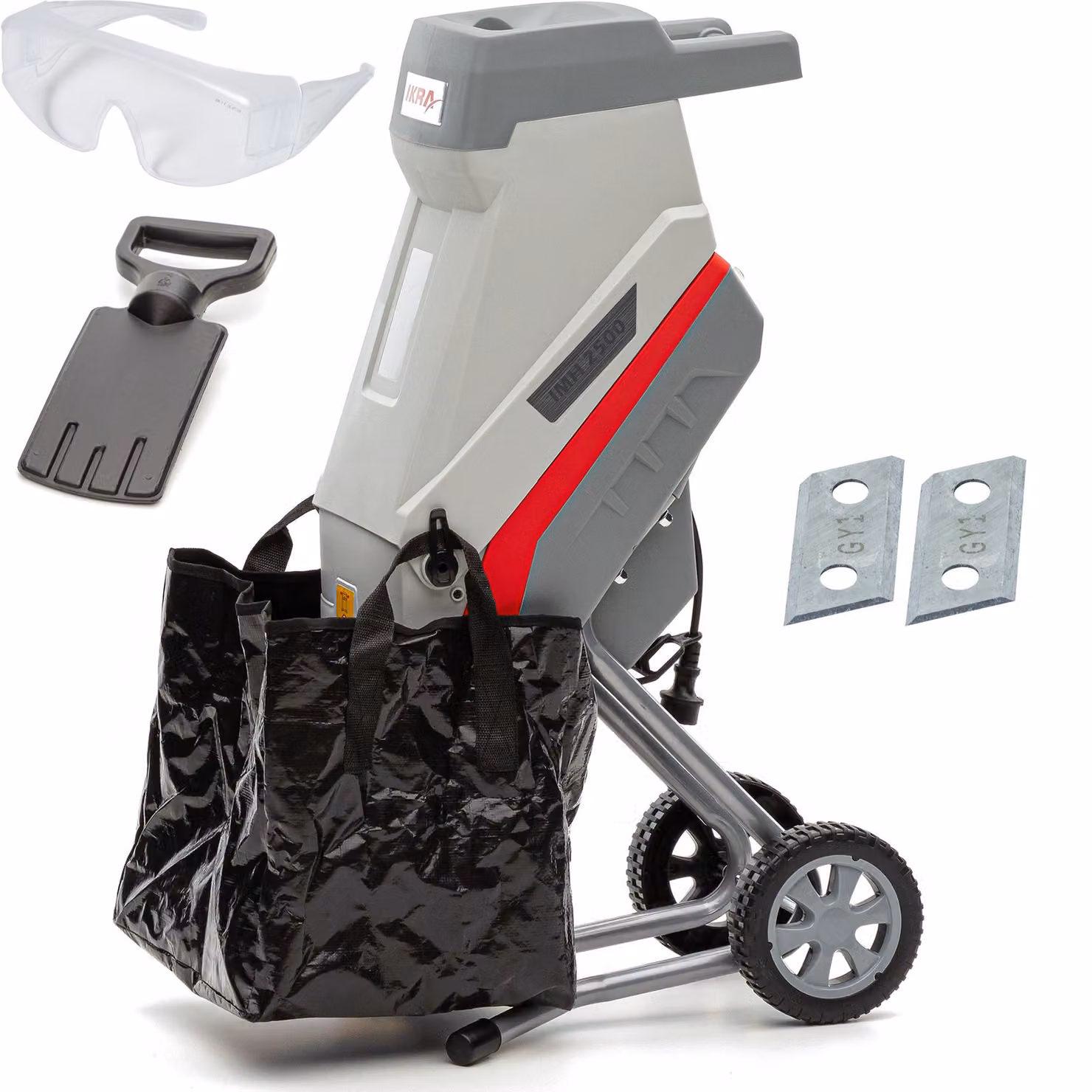 Trituratore elettrico da giardino IKRA IMH 2500 | 2500 W | Rami fino a 45 mm | Lama reversibile | Incl. sacco di raccolta da 45 l, pressore, lama di ricambio e occhiali protettivi