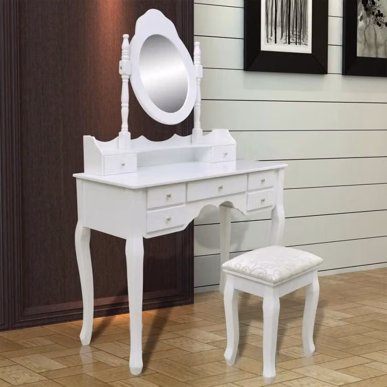 Comò da trucco - Tavolino da trucco - Comò per il trucco - Specchiera da bagno - 7 cassetti - Specchio inclinabile