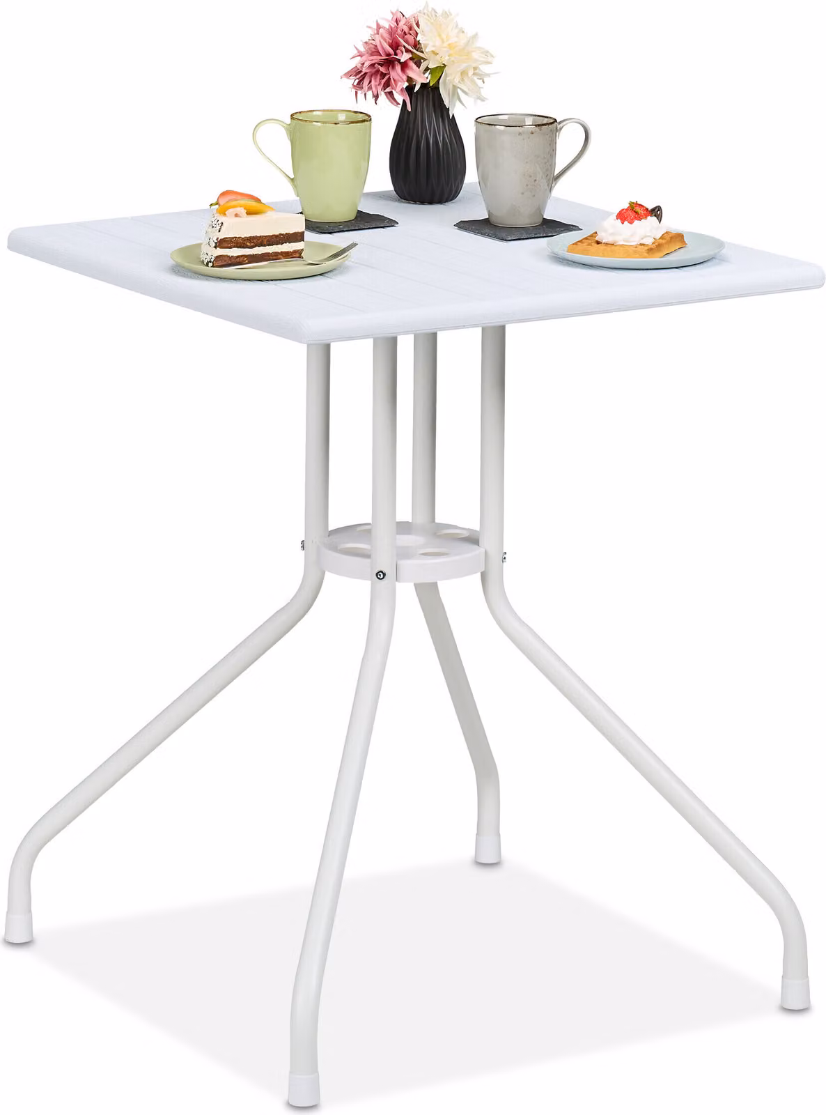 Tavolo da giardino Relaxdays, dimensioni: 73 x 62 x 62 cm, tavolo da balcone effetto legno, plastica, metallo, tavolo da terrazza quadrato, bianco