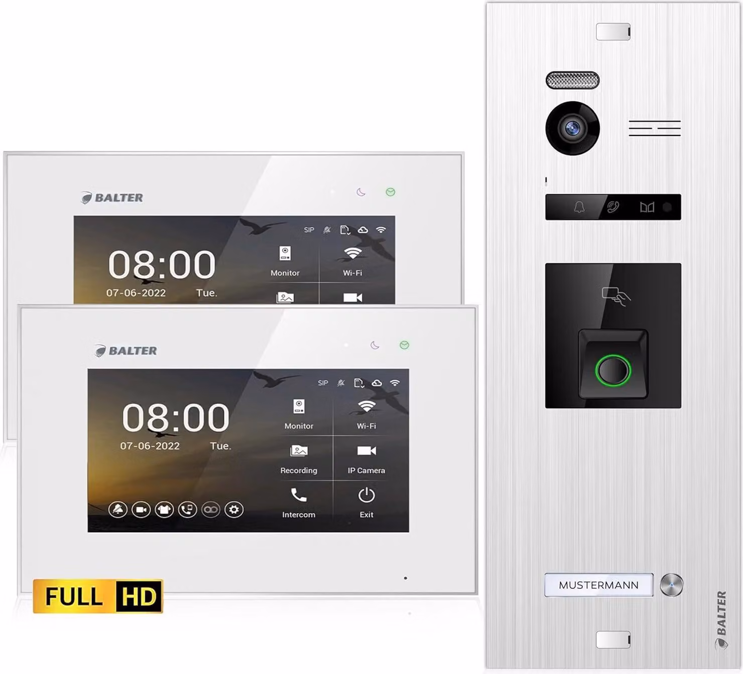 Videocitofono HD con impronta digitale e RFID per casa monofamiliare, 2x monitor, Balter EVO HD Fingerprint
