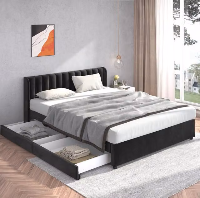 Letto matrimoniale ULEVR 180x200 cm in velluto nero con testiera alta, rete a doghe e 2 cassetti