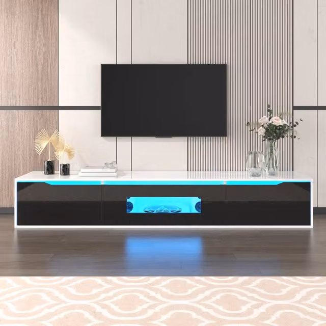 Vetrina e Mobile TV Moderno, Nero-Bianco Lucido, con Illuminazione LED a Cambio Colore, Fronte in Nero Lucido