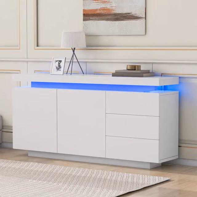 Madia con LED RGB controllabile tramite app 2 ante 3 cassetti in truciolare bianco lucido 140 × 35 × 72;5 cm
