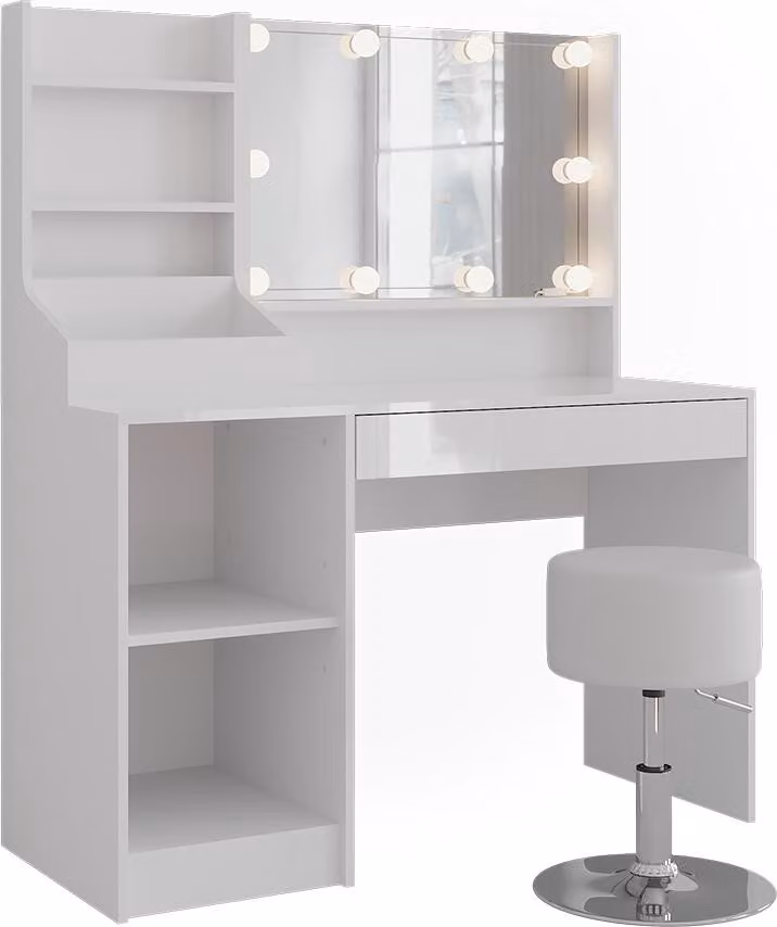 Tavolo da toeletta Vicco Sherry Bianco/Bianco lucido 119.8 cm con specchio e sgabello, Model 57583