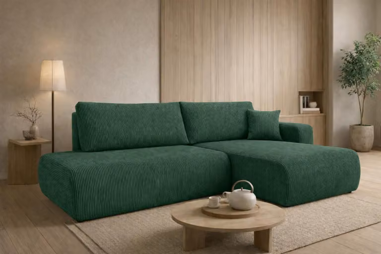 Divano ad angolo Kaiser con funzione letto e contenitore, tessuto in velluto a coste Poso, verde, versione destra, OPEN XL