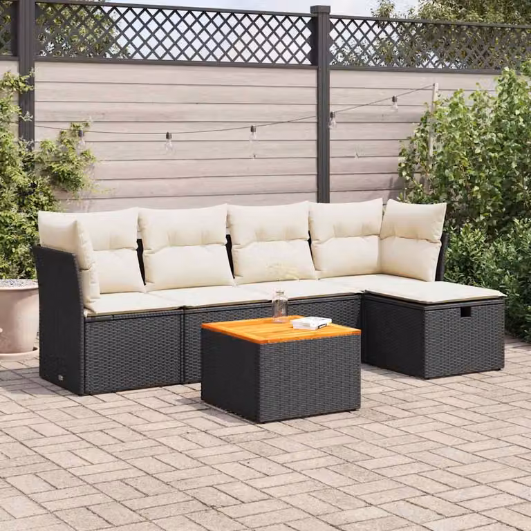 Set Divano da Giardino a L vidaXL 6 pz con Cuscini Nero e Beige in Polyrattan e Acciaio
