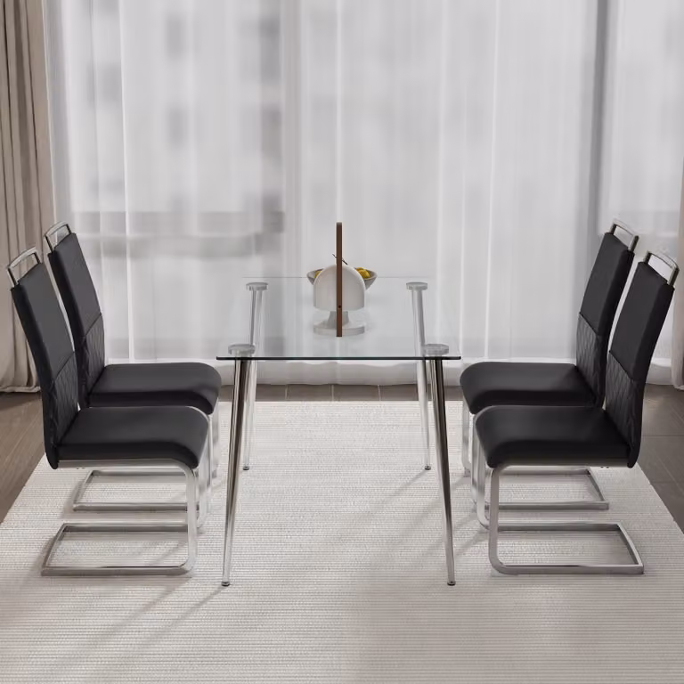 MODFU: Set di 4 sedie da pranzo moderne, ideali anche come sedie da cucina o da ufficio, con schienale a listelli piatto, imbottitura, design multifunzionale, realizzate in Poliuretanodi alta qualità e lino, colore nero