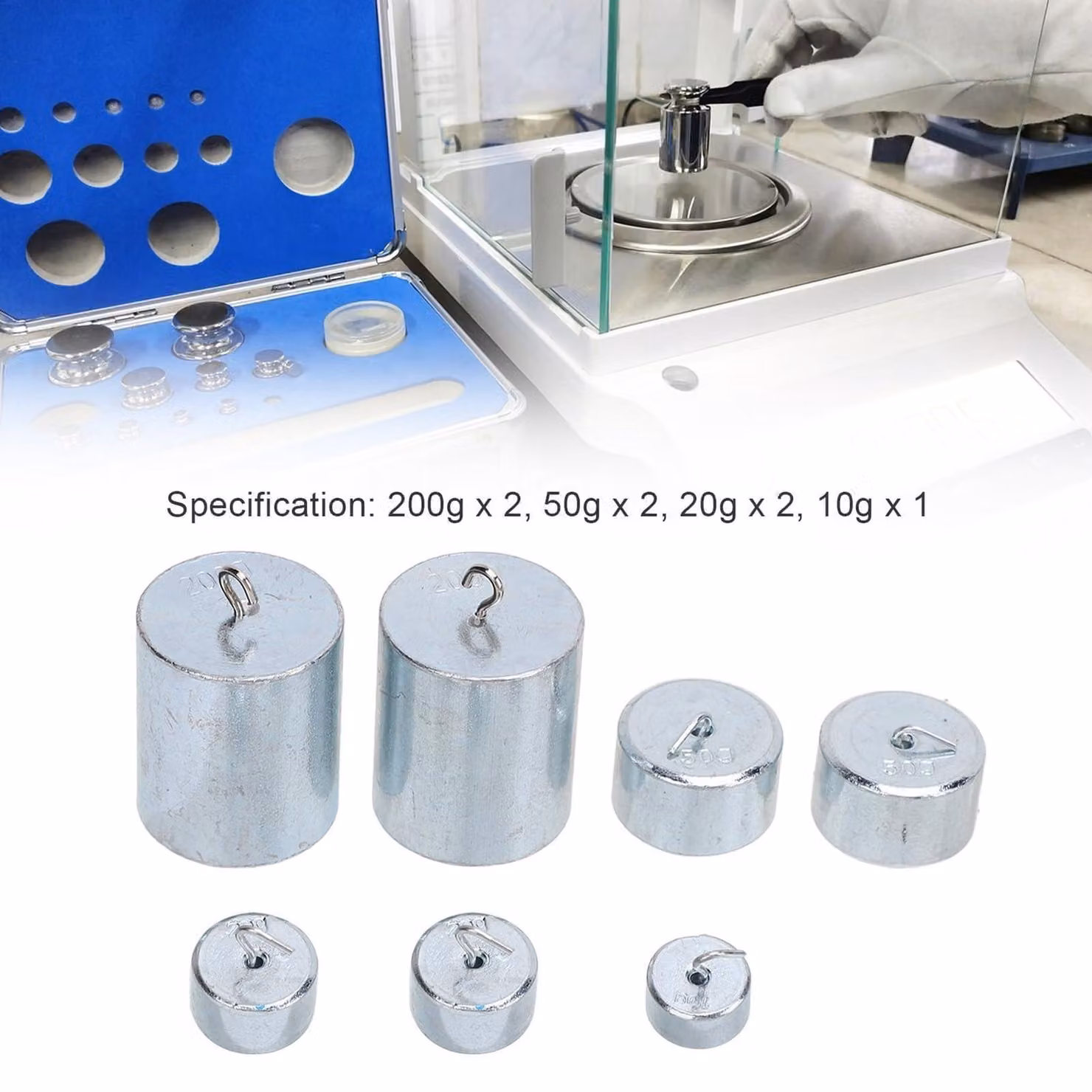 Set di pesi di calibrazione, composto da 7 elementi, da 10g a 200g, per laboratori e applicazioni di fisica