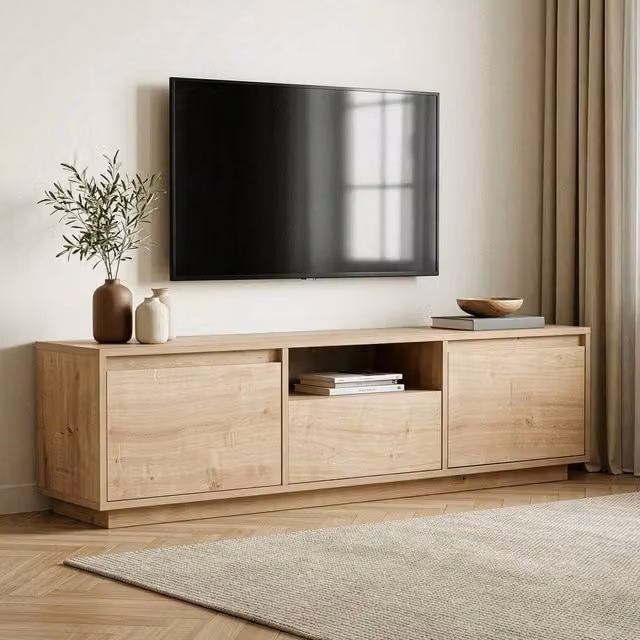 Mobile porta TV Morrigan DMORA in legno rovere marrone con un ripiano, L: 160 cm, P: 30 cm, H: 42 cm