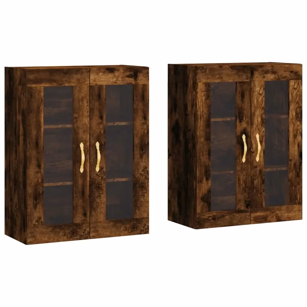 Set di 2 armadietti da parete vidaXL in legno e vetro con ante in vetro, colore rovere marrone opaco per bagno moderno – 2