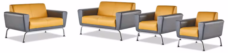 Komplett-Set 2-Sitzer Sessel Gelb Grau Edelstahl Ledersofas Sofa-Set