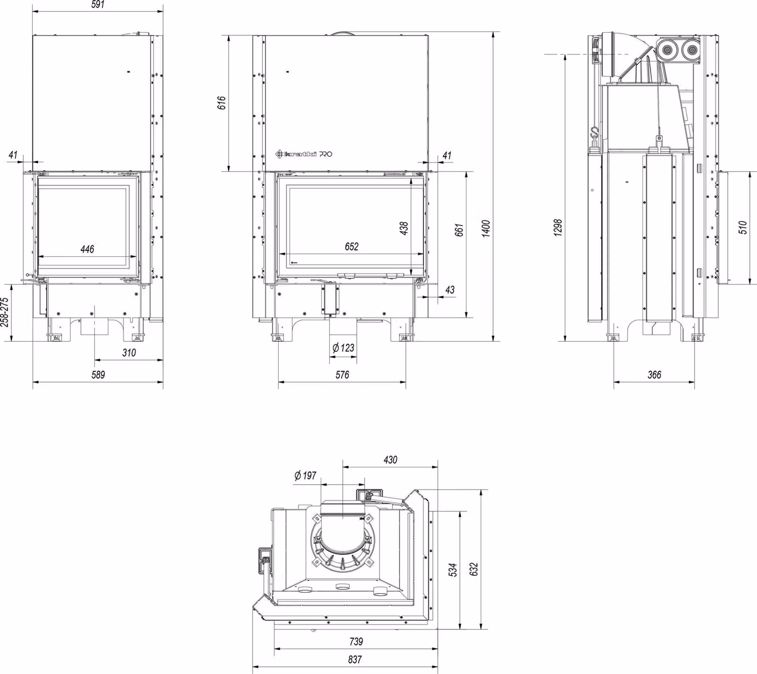 Inserto camino in acciaio KRATKI MBZ destro 13 kW Ø 200 con porta scorrevole pannellatura nera