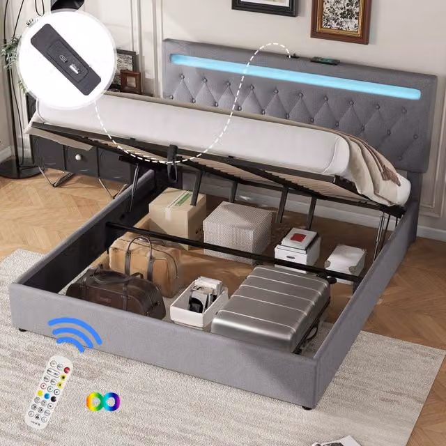 Letto matrimoniale 180×200 cm con contenitore idraulico, LED regolabile, porte USB e USB-C, senza materasso grigio