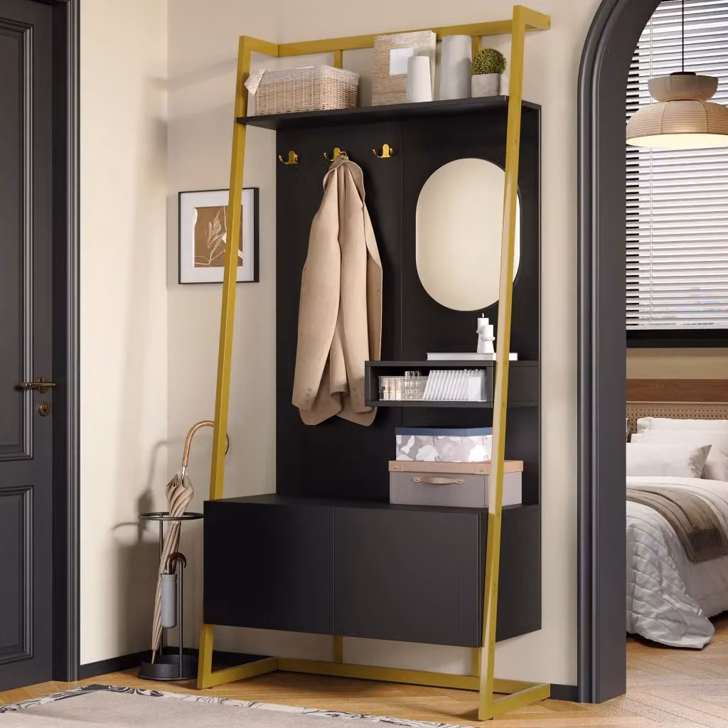 Mobile da ingresso moderno nero con specchio, ganci in metallo e scarpiera in MDF con ante soft-close – 2