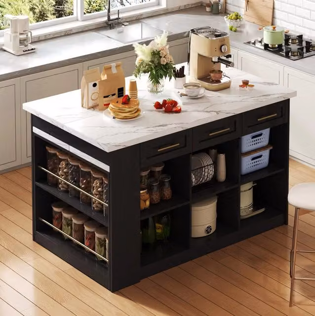 Isola da cucina con tavolo estraibile 150x90x90 cm in MDF nero e bianco marmo