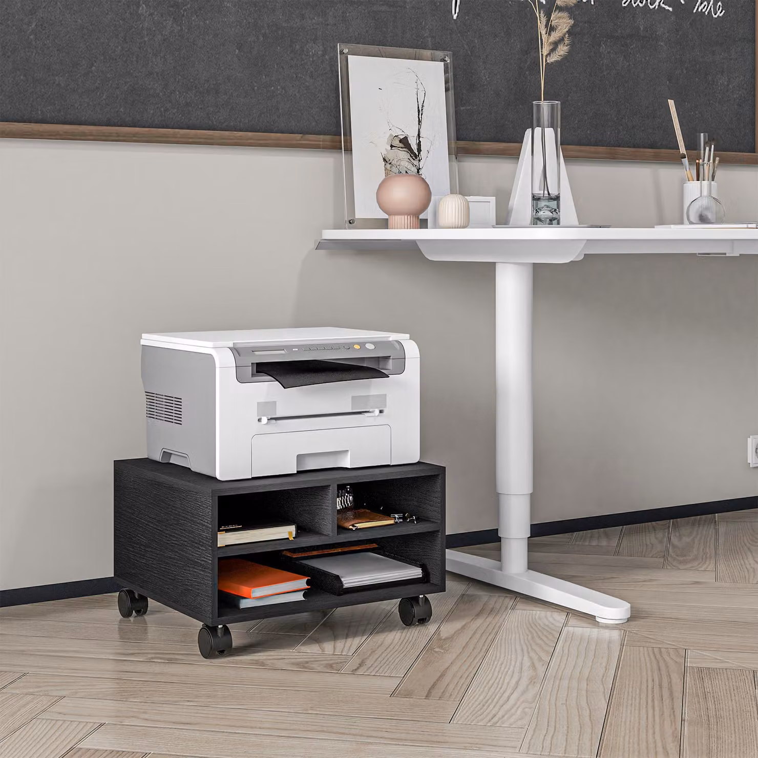 Mobile Porta Stampante HOMCOM a 2 Ripiani in Legno con Ruote, Nero, L 47 cm x P 40 cm x H 22,5 cm – 2