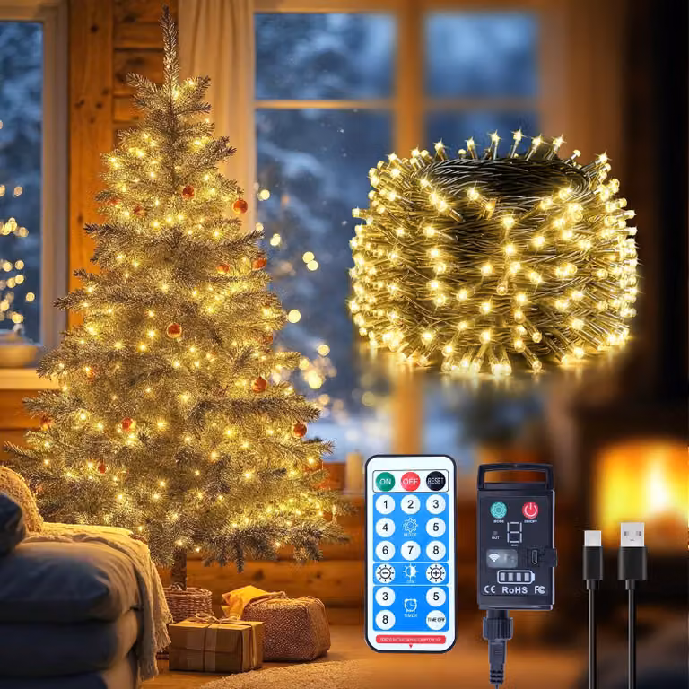Catena luminosa a LED, 20 metri, 200 LED bianco caldo, alimentata a batteria