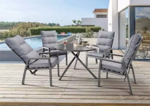 Gruppo di seduta Destiny GARDA BARLETTA 4 sedie con schienale alto + tavolo Ø110x76cm, antracite