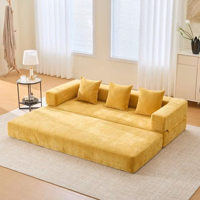 Divano modulare MIVRAY in velluto giallo con funzione letto per soggiorno e cameretta L: 198 cm, P: 79 cm, H: 60 cm