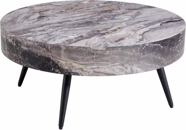 Tavolino rotondo da caffè 70 cm in MDF con finitura marmo grigio e gambe in metallo nero