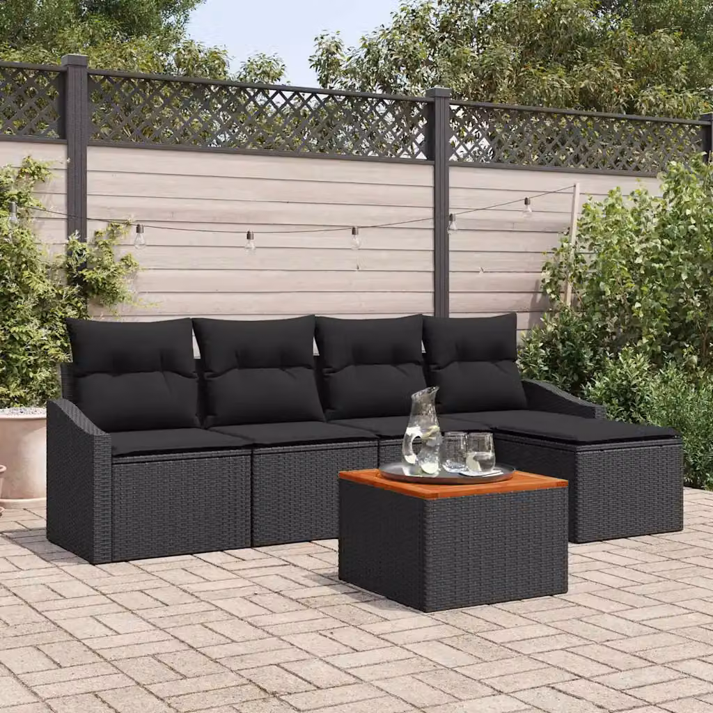 vidaXL Set Divano da Giardino a L in Polyrattan Nero con Cuscini e Contenitore per 6 Persone – 1