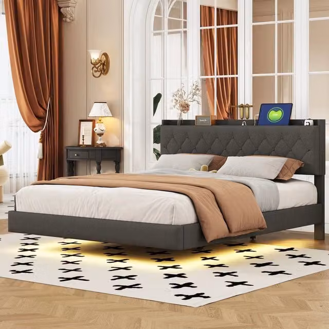 Letto matrimoniale imbottito Minimal grigio con illuminazione LED, porta USB e vani contenitore laterali, L/P/H: 160 x 200 x 42 cm