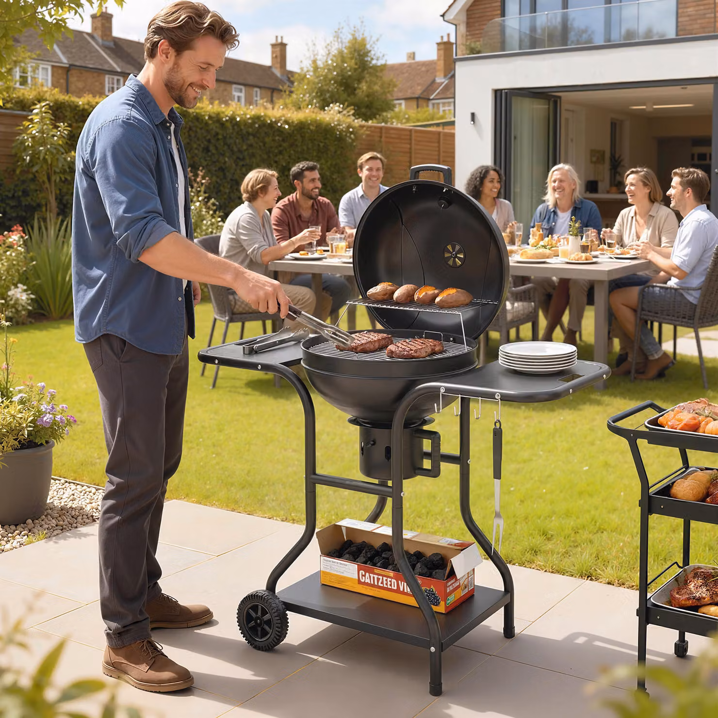 Barbecue a carbone Outsunny BBQ Smoker con tavoli laterali, termometro nel coperchio e ruote, L 129 x P 63,5 x H 106,5 cm – 2