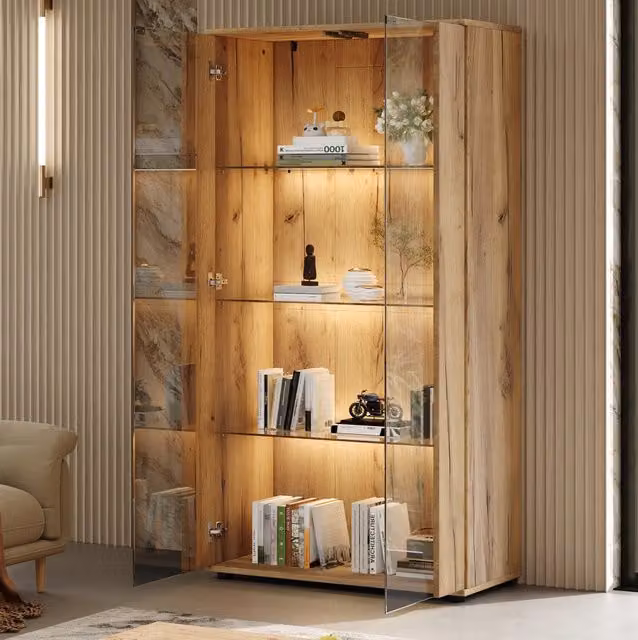 Vetrina con 2 ante in vetro; 4 ripiani e illuminazione LED regolabile; 80x36x150;5 cm; naturale