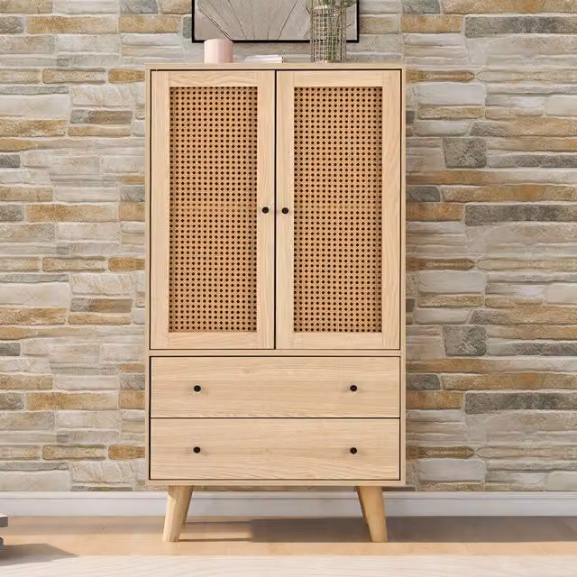 Credenza multifunzione Aosom in legno e rattan con 2 ante e 2 cassetti, gambe in pino massiccio, color Quercia, L: 120 cm, P: 40 cm, H: 60 cm
