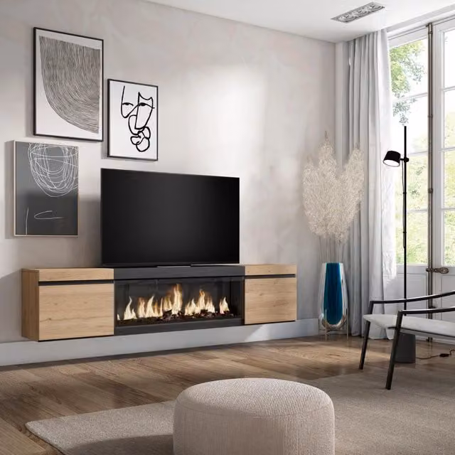 Mobile TV Soggiorno, 208x35x45cm, Per TV fino a 80", Camino elettrico XXL, da appendere, colore Rovere e nero RF3271