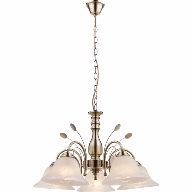 Globo Lighting lampadario metallo ottone antico, vetro, bianco, cavo PVC champagne, ø: 600mm, H: 1000mm, escl. 5x E27 60W 230V