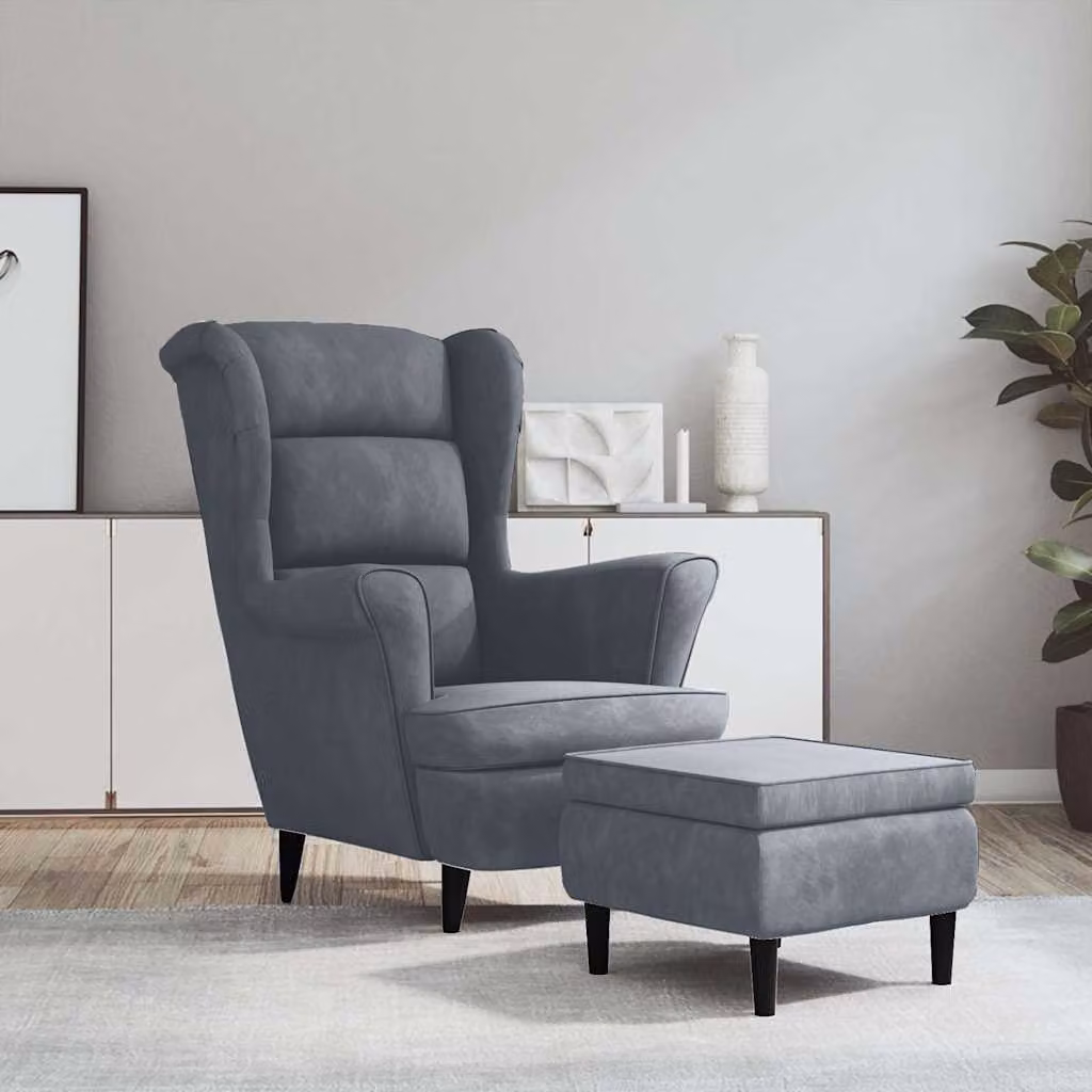 vidaXL Poltrona Schienale ad Ala con Poggiapiedi in Velluto Grigio con Struttura in Legno L: 96,5 cm, P: 78,0 cm, H: 90,0 cm – 1