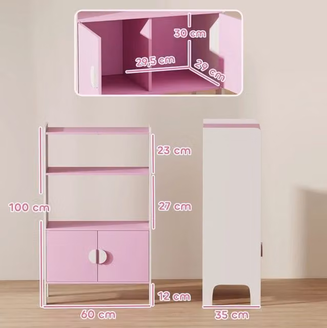 Libreria per bambini ULEVR 60x35x100 cm con ripiani aperti e vani chiusi, kit antiribaltamento, rosa