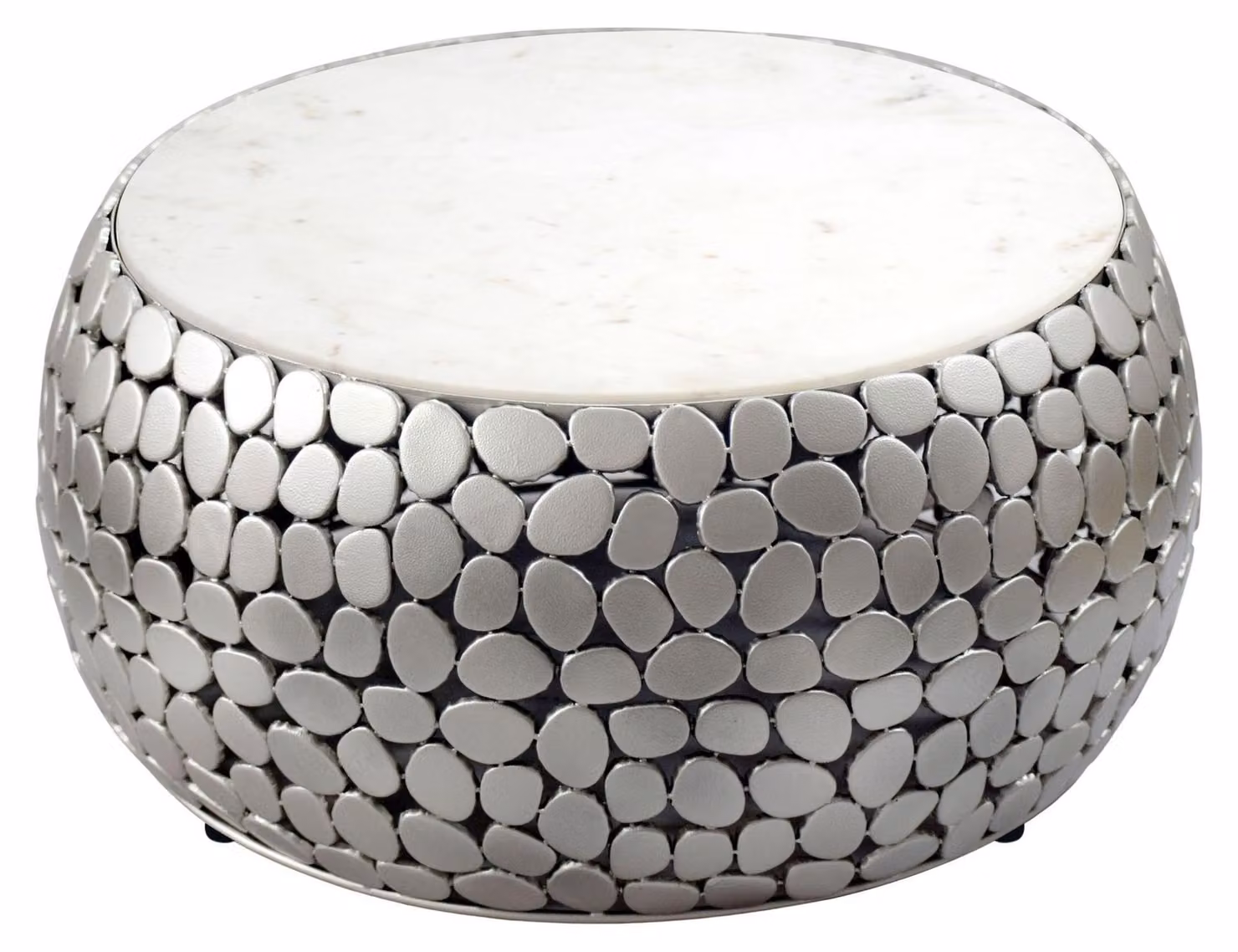 WOHNLING Tavolino da salotto rotondo 66 cm Alluminio argento e piano in marmo bianco - Tavolino da salotto in alluminio - Tavolino da salotto in metallo - Tavolino da salotto