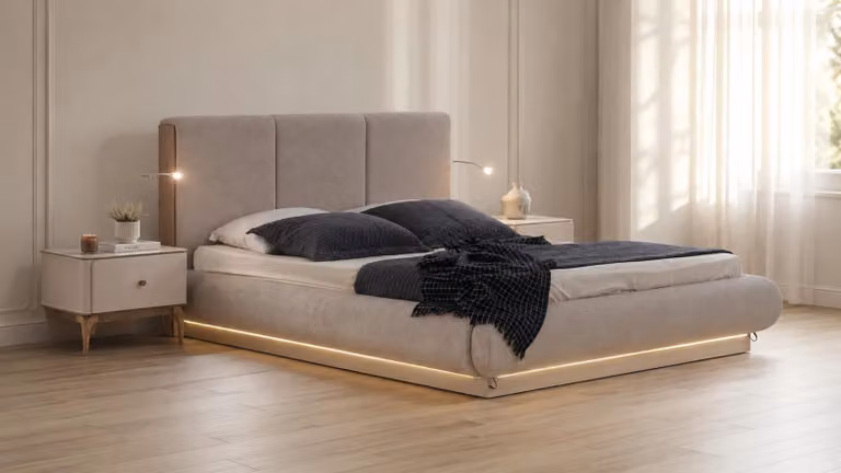 Set per camera da letto elegante, design beige, con letto imbottito, 2 comodini e illuminazione LED