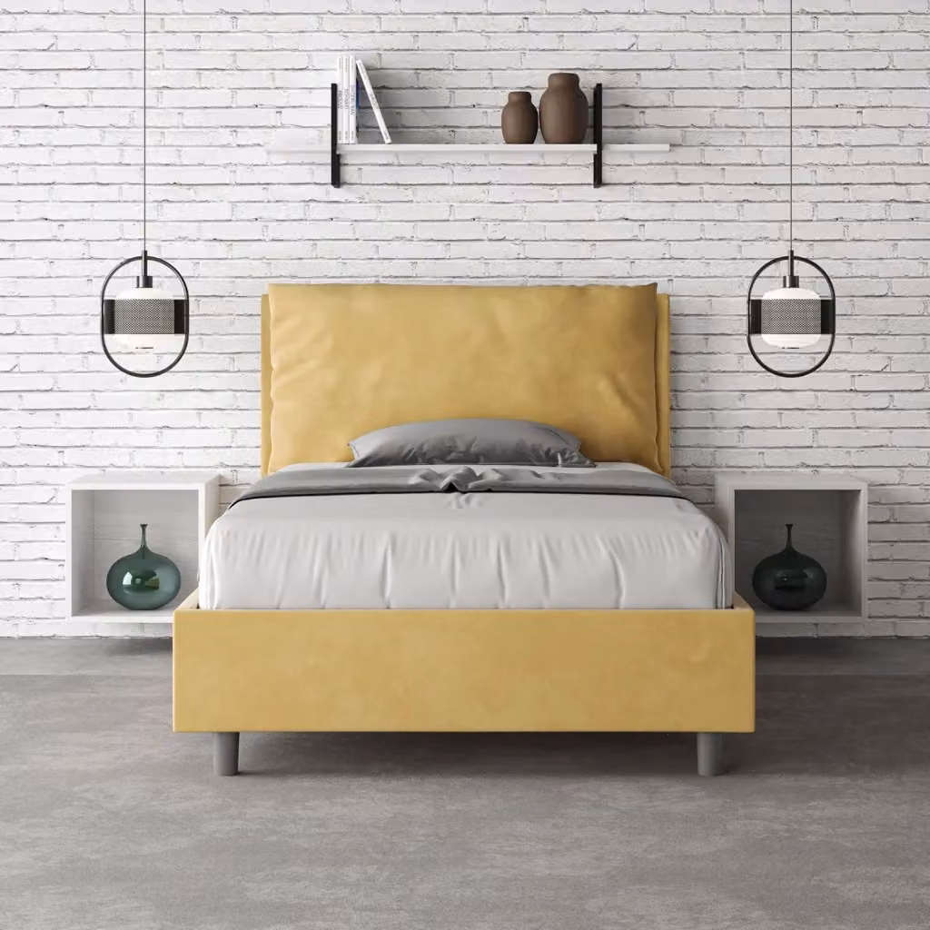 Letto Antea Large 1 Piazza e Mezzo con Contenitore e Rete, Imbottito in Microfibra, Colore Ocra, L 120 cm x P 210 cm – 2