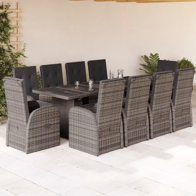 Set da Pranzo da Giardino vidaXL in Polyrattan Grigio con Cuscini e Tavolo in Vetro, 11 Pezzi