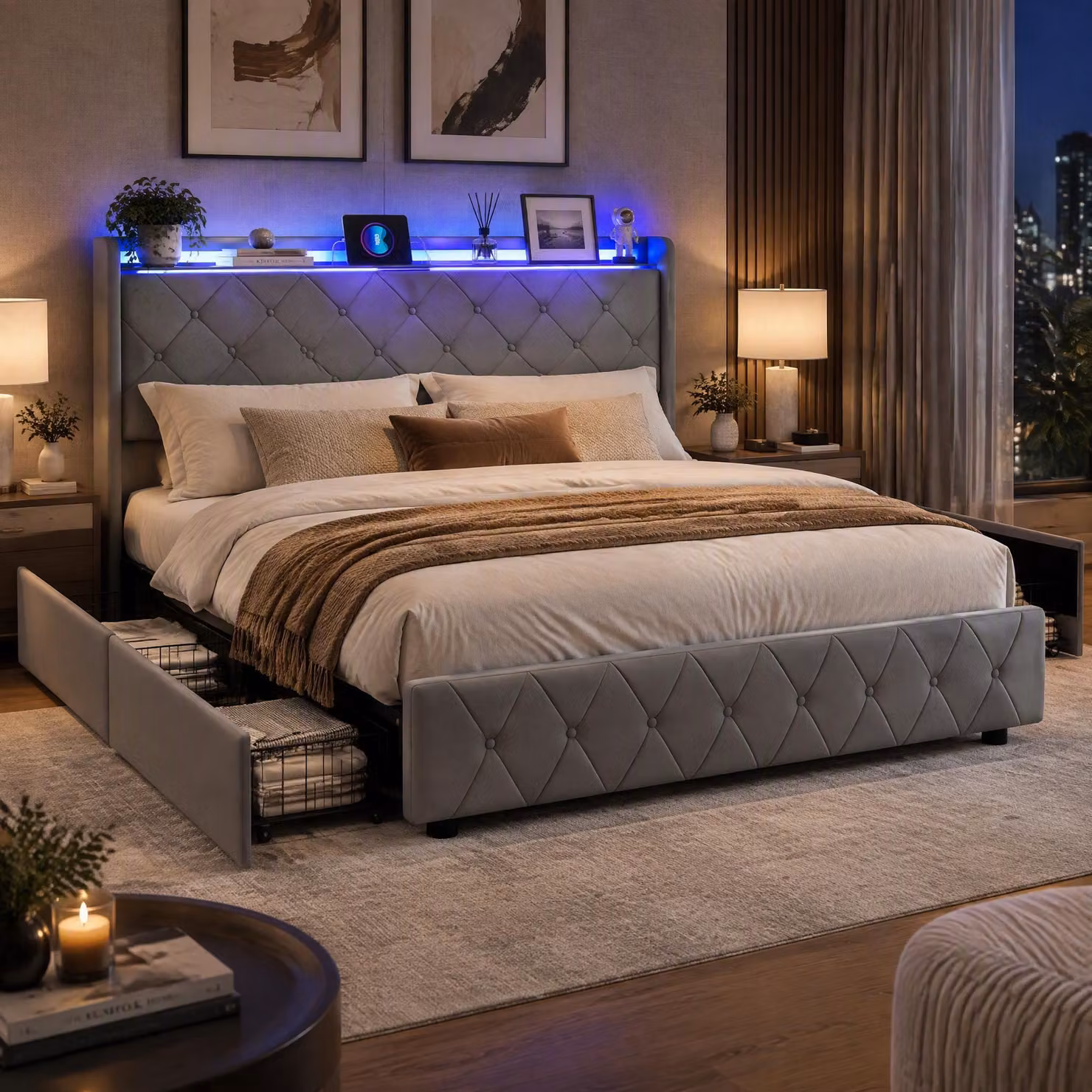 Letto imbottito matrimoniale INONEFT, 140x200 cm, con contenitore e 4 cassetti, rete a listelli, testiera contenitore con LED e stazione di ricarica, rivestito in velluto