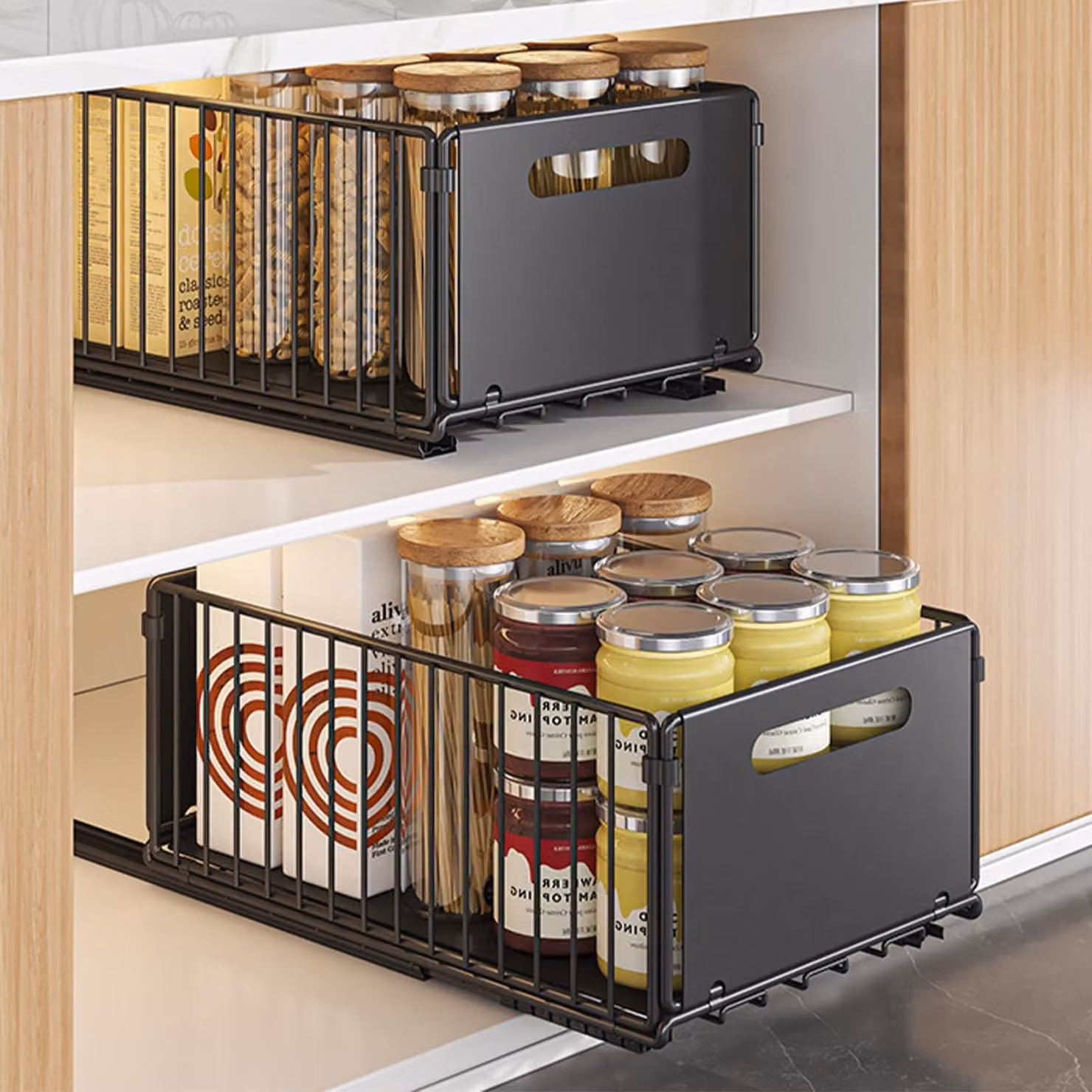 Organizzatore metallico estraibile per mobili da cucina, senza necessità di foratura