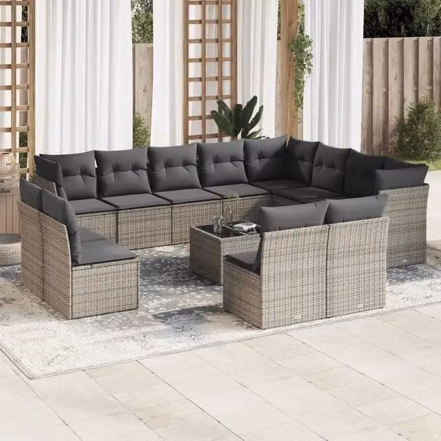 Set di divani da giardino VIDAXL in polyrattan grigio con cuscini, composizione a forma di U da 13 pezzi