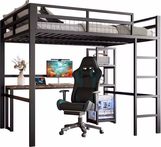 Letto a castello REDOM in metallo e MDF nero con scrivania, ripiani laterali e porta USB, L/P/H: 204 x 140 x 180 cm