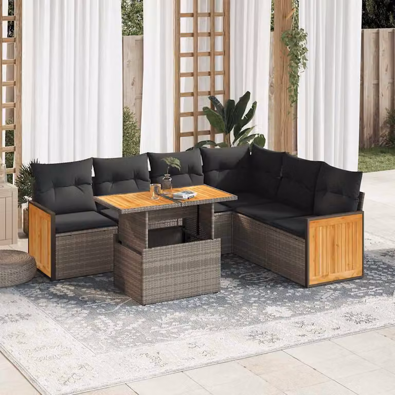 Set da giardino moderno vidaXL composto da 7 pezzi con polyrattan e legno di acacia, colore grigio, include cuscini e tavolino da esterno a forma di L