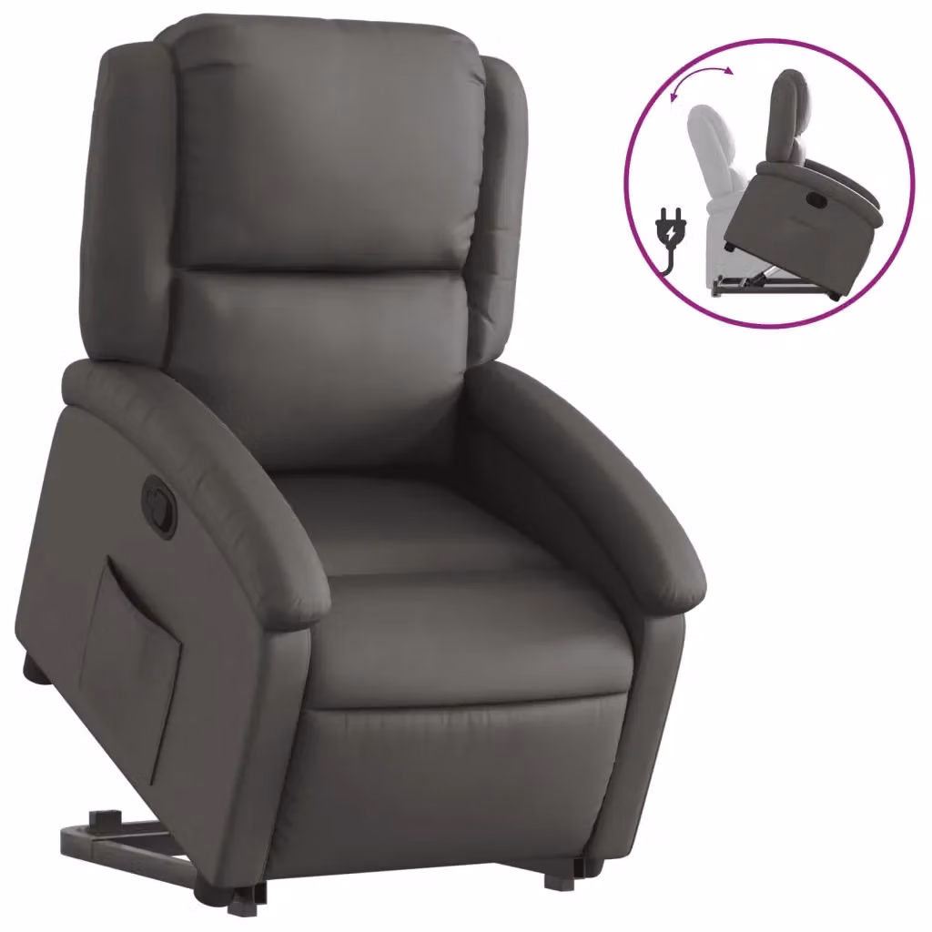Poltrona Alzapersona Reclinabile vidaXL in Vera Pelle Grigia con Assistenza Elettrica per Anziani – 2