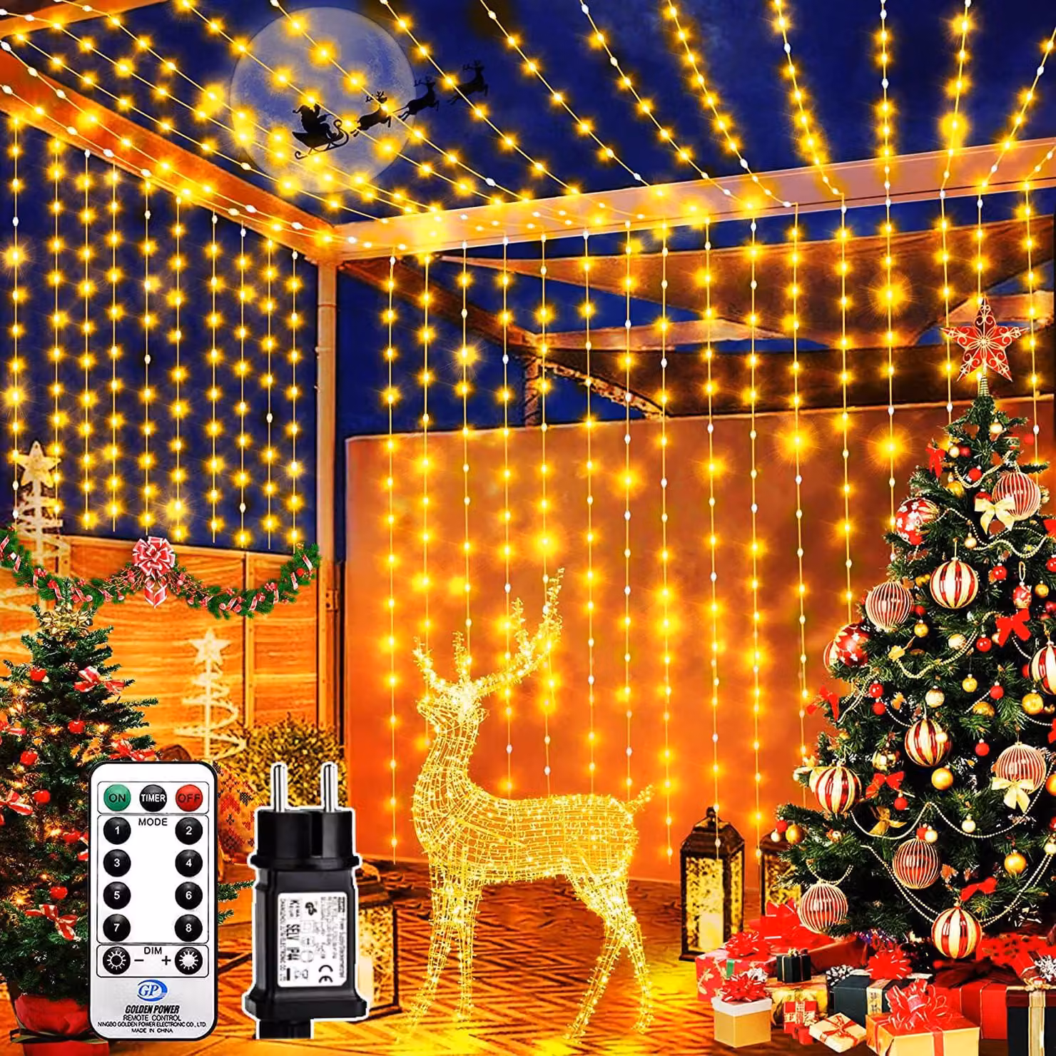 Tenda luminosa a LED, dimensioni 3x3 metri, 300 LED bianco caldo, grado di protezione IP65, con telecomando