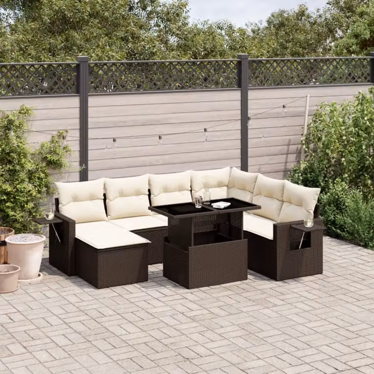 vidaXL Set Divani da Giardino 8 pz a Forma a L in Polyrattan Marrone con Cuscini e Tavolino da Esterno