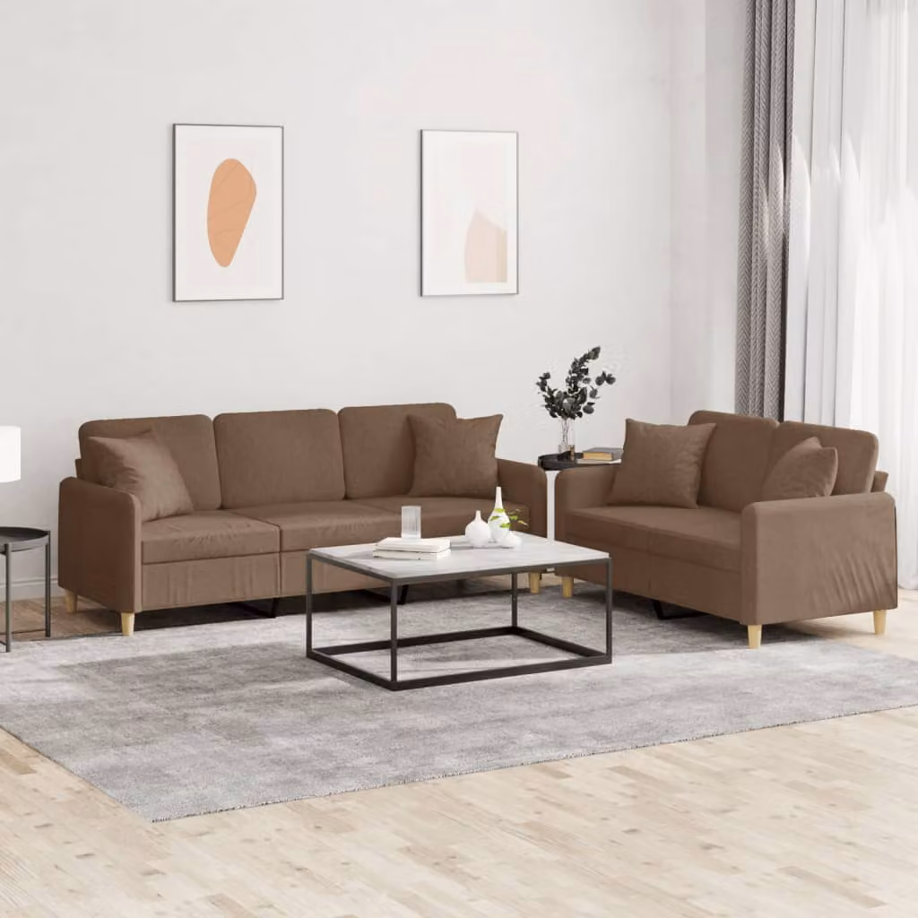 vidaXL Set di 2 Divani Moderni in Tessuto Marrone con Cuscini e Struttura Imbottita – 1