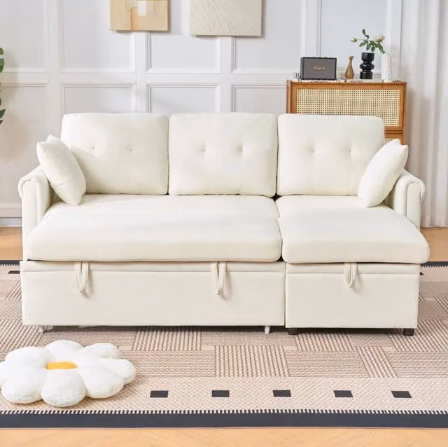 Divano letto angolare reversibile 206x130 cm in ciniglia beige con contenitore HOMVRA